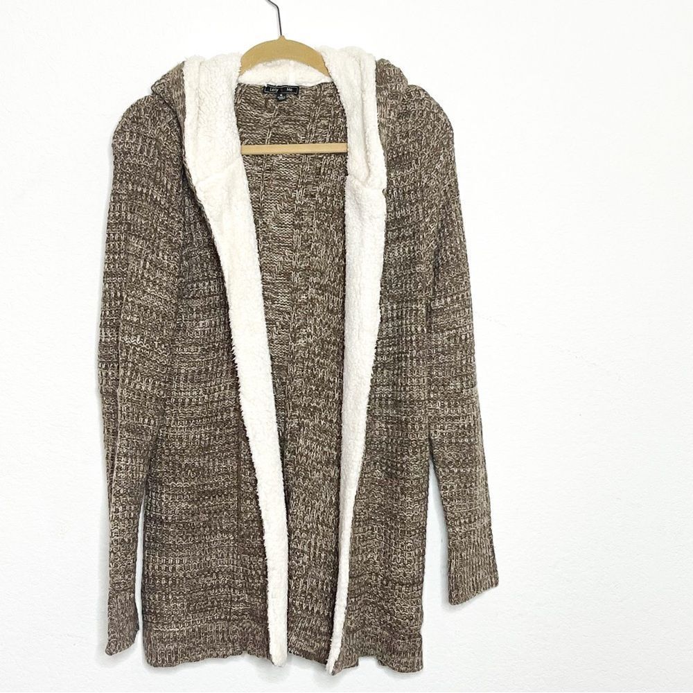 Lety & Me  Women's Cozy Brown Hooded Knit Cardigan w/Faux Sherpa Lining Size M